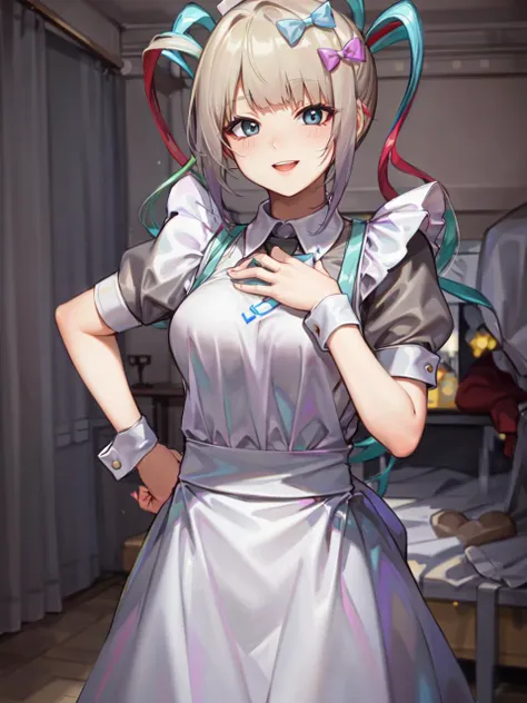 masterpiece, best quality, absurdres, 1girl, (maid:1.5) kangel, smile, hands on hips, standing, bedroom, <lora:kangel:1>
