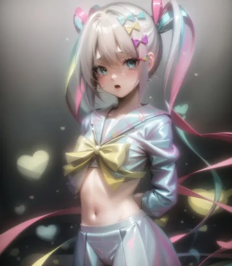 2d, anime art, (masterpiece:1.2), best quality, absurdres,
girl, kangel, hair gradient [silver hairs : violet hairs : 0.8], turquoise shirt, tears, yellow bow on the chest, pink ribbons in the hairstyle, bright turquoise ribbons in the hairstyle, pink star and 2 bright clips on the collar, bdsm, kinbaku, rope, duct tape,
<lora:kangel:1>
