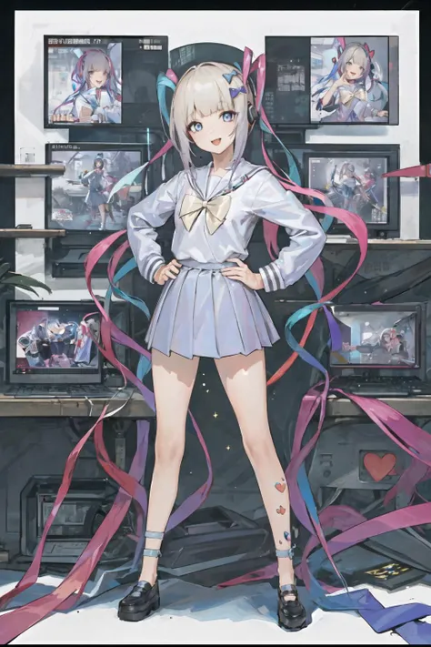 masterpiece, best quality, 1girl, solo, smile, , school uniform, computer, cyberpunk, skyscraper, streamer, hand on hip, , tachi-e, white background, full body, <lora:tachi-e (1):1>, <lora:kangel:1>,