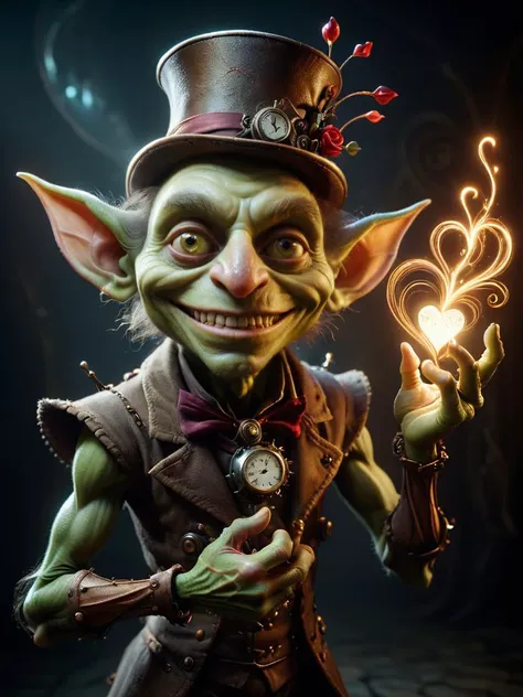 mad-love, award winning photograph of a goblin with trickster's grin made of glow lines in wonderland, magical, whimsical, fantasy art concept, steampunk, intricate details, best quality, masterpiece, ultra shartp, hyper realistic, realism <lora:Love_is_in_the_air_SDXL:0.8>