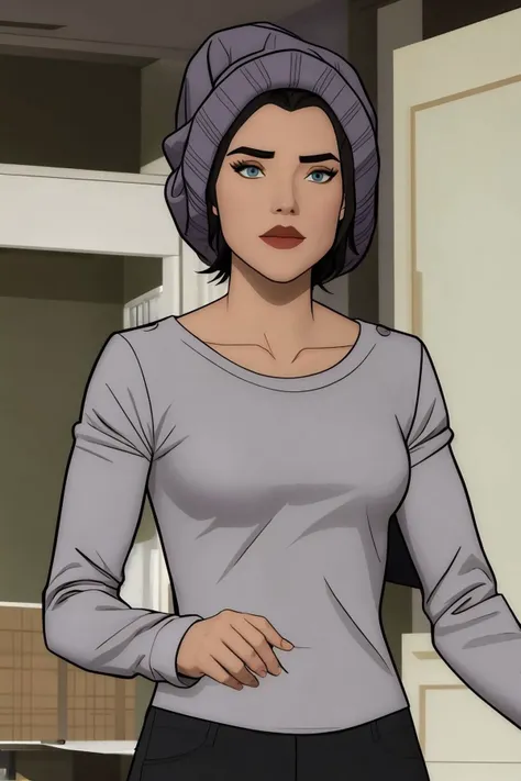 lois lane, black hair, short hair, blue eyes, grey shirt, long sleeves, grey beanie, upper body <lora:Lois Lane (Tomorrowverse)_v1:1>