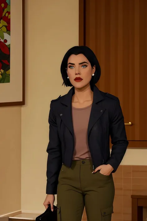 lois lane, black hair, short hair, blue eyes, black jacket, shirt, green pants, stud earrings, upper body <lora:Lois Lane (Tomorrowverse)_v1:1>