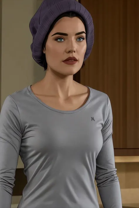 lois lane, black hair, short hair, blue eyes, grey shirt, long sleeves, grey beanie, upper body <lora:Lois Lane (Tomorrowverse)_v1:1>