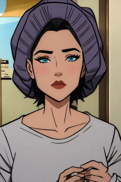 lois lane, black hair, short hair, blue eyes, grey shirt, long sleeves, grey beanie, upper body <lora:Lois Lane (Tomorrowverse)_v1:1>