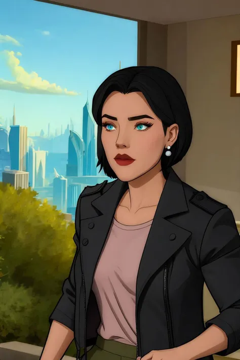 lois lane, black hair, short hair, blue eyes, black jacket, shirt, green pants, stud earrings, upper body <lora:Lois Lane (Tomorrowverse)_v1:1>
