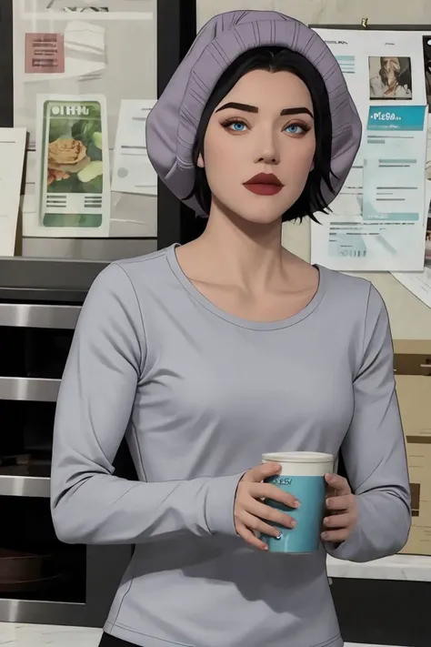 lois lane, black hair, short hair, blue eyes, grey shirt, long sleeves, grey beanie, upper body <lora:Lois Lane (Tomorrowverse)_v1:1>