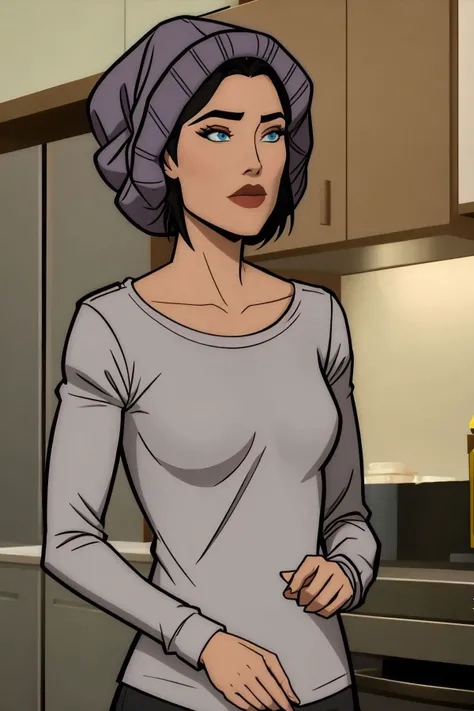 lois lane, black hair, short hair, blue eyes, grey shirt, long sleeves, grey beanie, upper body <lora:Lois Lane (Tomorrowverse)_v1:1>