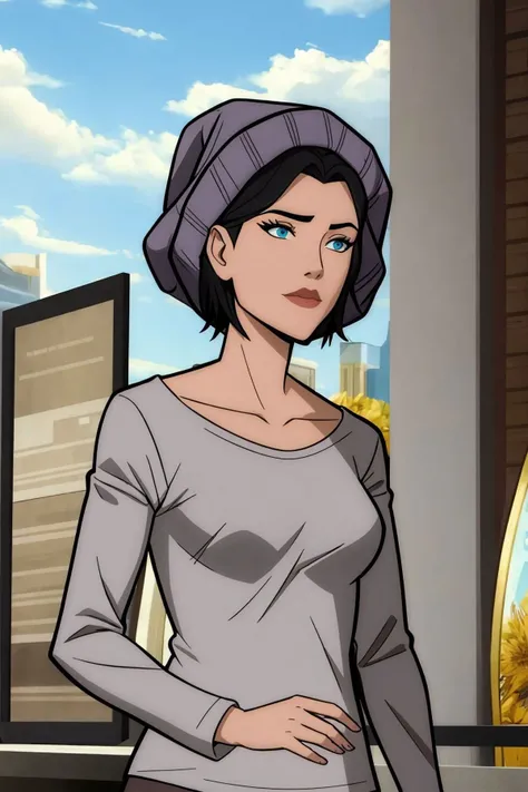 lois lane, black hair, short hair, blue eyes, grey shirt, long sleeves, grey beanie, upper body <lora:Lois Lane (Tomorrowverse)_v1:1>