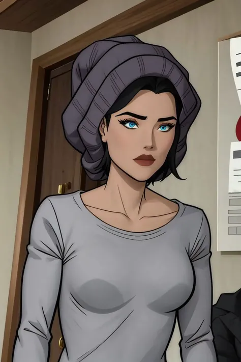 lois lane, black hair, short hair, blue eyes, grey shirt, long sleeves, grey beanie, upper body <lora:Lois Lane (Tomorrowverse)_v1:1>