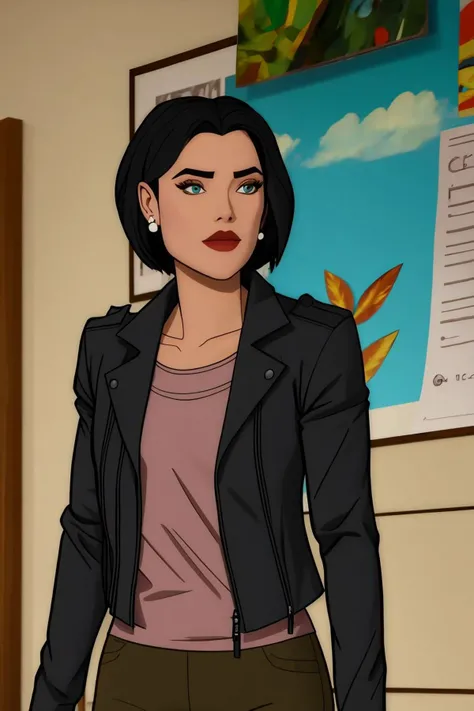 lois lane, black hair, short hair, blue eyes, black jacket, shirt, green pants, stud earrings, upper body <lora:Lois Lane (Tomorrowverse)_v1:1>