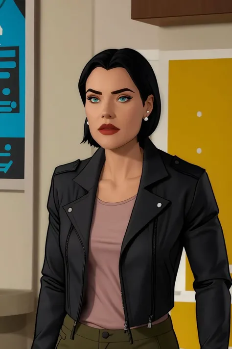 lois lane, black hair, short hair, blue eyes, black jacket, shirt, green pants, stud earrings, upper body <lora:Lois Lane (Tomorrowverse)_v1:1>