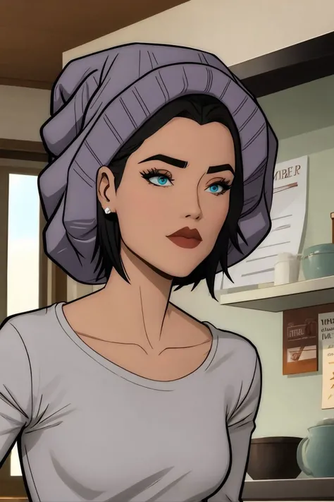 lois lane, black hair, short hair, blue eyes, grey shirt, long sleeves, grey beanie, upper body <lora:Lois Lane (Tomorrowverse)_v1:1>