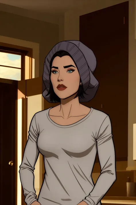 lois lane, black hair, short hair, blue eyes, grey shirt, long sleeves, grey beanie, upper body <lora:Lois Lane (Tomorrowverse)_v1:1>