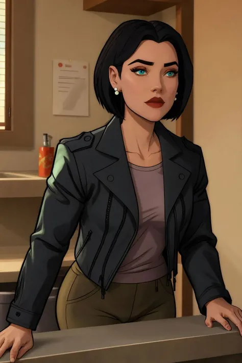 lois lane, black hair, short hair, blue eyes, black jacket, shirt, green pants, stud earrings, upper body <lora:Lois Lane (Tomorrowverse)_v1:1>