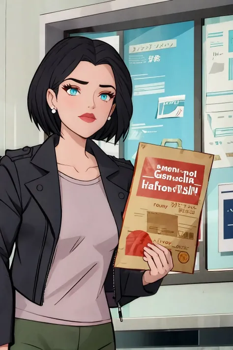 lois lane, black hair, short hair, blue eyes, black jacket, shirt, green pants, stud earrings, upper body <lora:Lois Lane (Tomorrowverse)_v1:1>