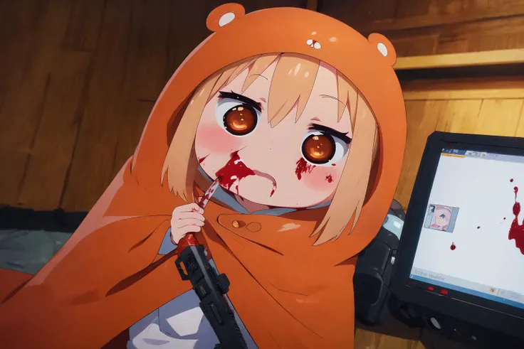 (masterpiece,ultra detailed,best quality:1.5),  highres, absurdres, high quality, 8k, detailed background, ultra realistic, 32k, extremely detailed, dark vibes,
1girl, <lora:UmaruDoma_ChibiForm:0.8>, chibi,  Umaru chan,  orange cape,
(provocation:1.5), holding weapon, (blood on face), blood, blood on clothes, looking at viewer,