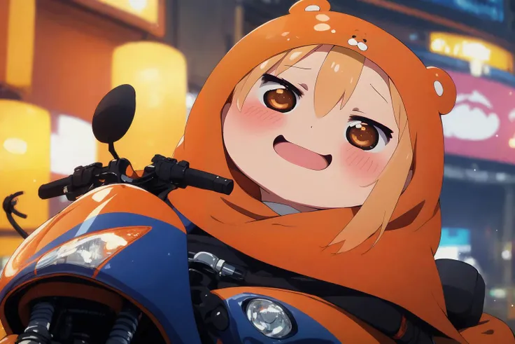 (masterpiece,ultra detailed,best quality:1.5), highres, absurdres, high quality, 8k, detailed background, ultra realistic, 32k, extremely detailed
1girl, <lora:UmaruDoma_ChibiForm:0.8>, chibi, Umaru chan, orange cape,
(smirk:1.5), (open mouth), on the motorcycle, from side, looking at viewer,
