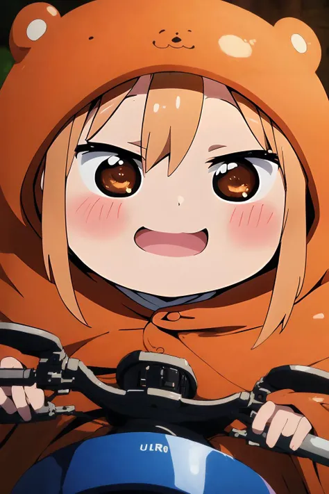 (masterpiece,ultra detailed,best quality:1.5),  highres, absurdres, high quality, 8k, detailed background, ultra realistic, 32k, extremely detailed
1girl, <lora:UmaruDoma_ChibiForm:0.8>, chibi,  Umaru chan,  orange cape,
(smirk:1.5), (open mouth), on the motorcycle,