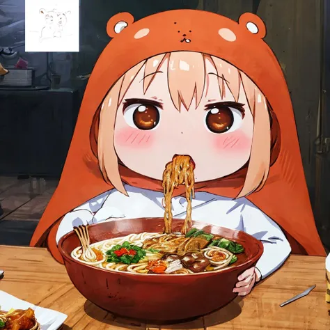 masterpiece,ultra realistic,32k,extremely detailed CG unity 8k wallpaper, best quality, 1 girl, umaru chan, chibi, eating ramen, <lora:UmaruDoma-000002:0.85>, dynamic poses