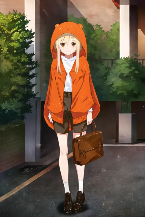 1 girl, full body, smile, side looks, Umaru Doma, (brown eyes, long hair, yellow hair), (white shirt, red short:1.1), (orange hood:1.2), (outdoors:1.2), <lora:Umaru_JK_form_fix-000004:0.9:MIDD>, (masterpiece,best quality:1.5)