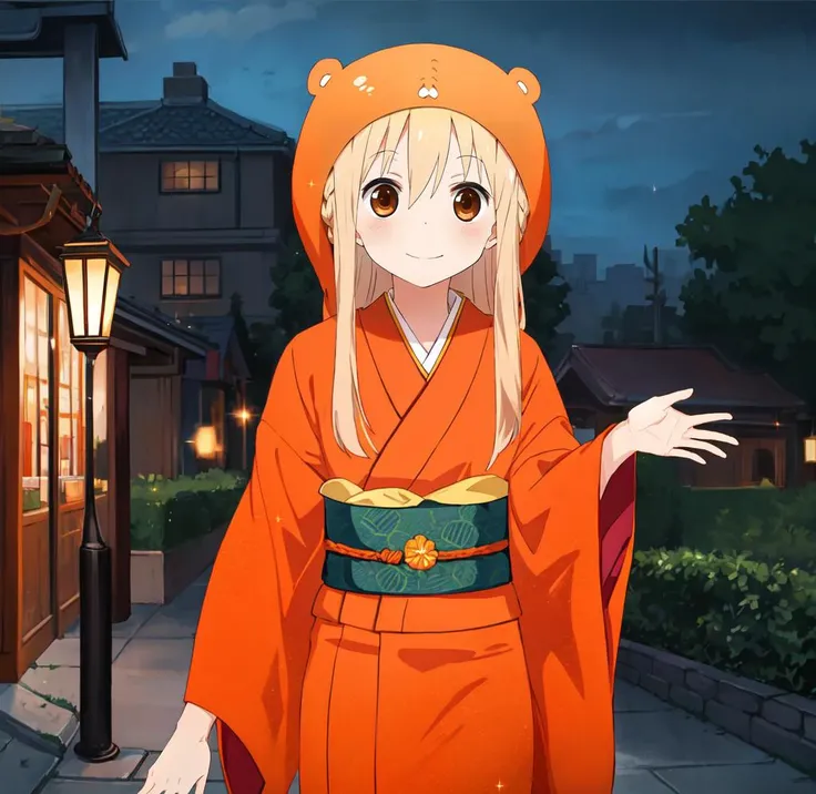 1 girl, cowboy shot, smile, side looks, Umaru Doma, (brown eyes, long hair, yellow hair), (orange kimono, head wears), (night outdoors:1.2),  <lora:Umaru_JK_form_fix-000004:0.9:MIDD>, (masterpiece,best quality:1.5)