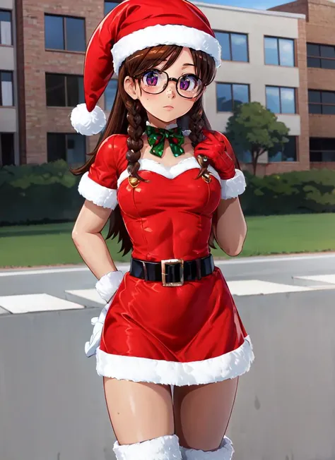 ((best quality)), ((highly detailed)), absurdres, (detailed eyes, deep eyes), (1girl), (glasses), dynamic pose, cowboy shot, ((very wide shot)), ((<lora:SANTADRESS:.7>, sntdrs, red santa dress, midriff, skirt, fur trim, belt, santa hat, gloves, knee boots, black footwear, maxidress)), <lora:hairdetailer:.6>, country girl, long hair, low twin braids, freckles, muscular, overalls, plaid shirt, tied shirt, midriff, on a farm, (outdoors, in a city, morning), <lora:konpeto:1>, konpeto