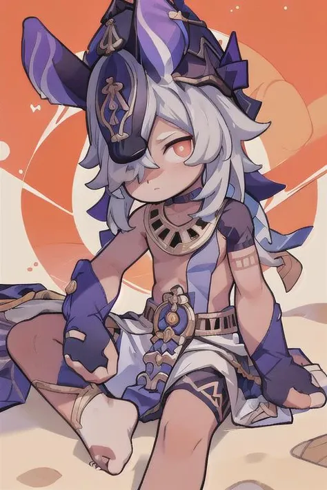 (masterpiece, best quality), 1boy,mlsn,male focus,cyno (genshin impact),dark-skinned male, male focus, dark skin, animal hat, jackal ears, solo, long hair, sitting, sand, hair over one eye, holding, black headwear, hat, pawpads,detailed, <lora:Melusines:1.2> <lora:cyno:0.9>