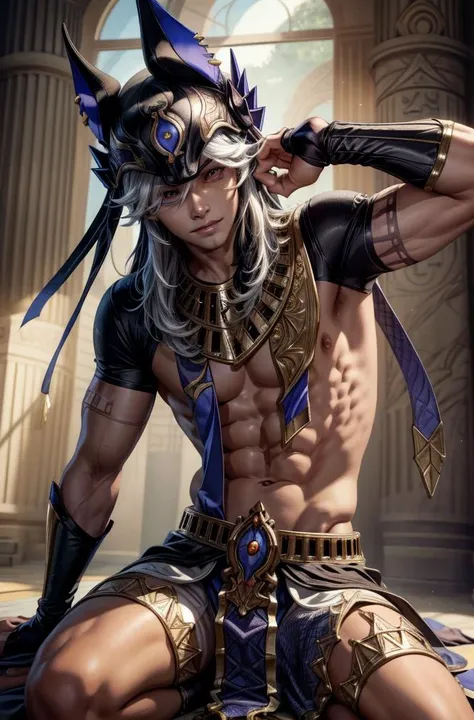 (masterpiece, best quality:1.2), (((1boy))), <lora:cyno:1>, male focus, 1boy, cyno (genshin impact), 1boy, dark-skinned male, male focus, dark skin, animal hat, jackal ears, solo, long hair, muscular, lean, pecs, 6 pack abs, abs, bulge, sand, hair over one eye, black headwear, hat,
<lora:lora_perfecteyes_v1_from_v1_160:0.8> perfecteyes eyes,
<lora:add_detail:1>,
egypt room, indoor, smile, closed mouth,
best quality, high resolution, distinct image, Cinematic light, intricate_detail, highres, official art, finely detailed beautiful face, high-resolution illustration, 8k, Dynamic Range, tonemapping, crisp details, Beautiful Finger,Beautiful body,Beautiful Nose,Beautiful character design, (perfect eyes),