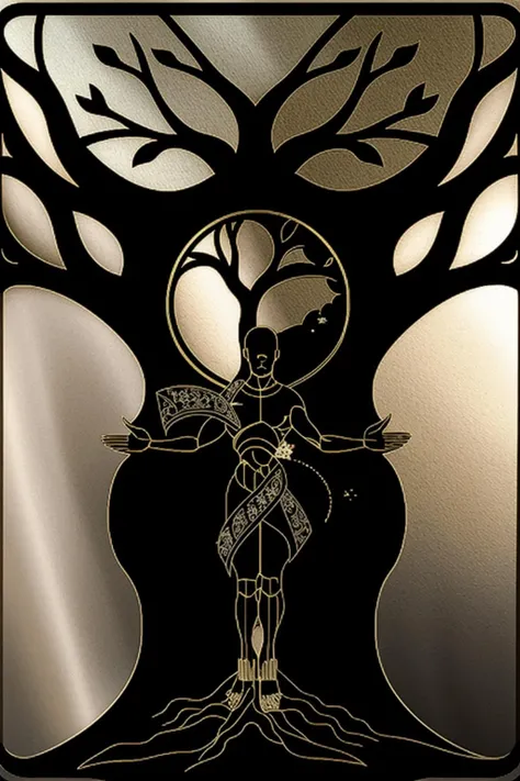 a cross with a tree of life on it , solo, looking at viewer, 1boy, holding, standing, full body, tree, black background, stained glass