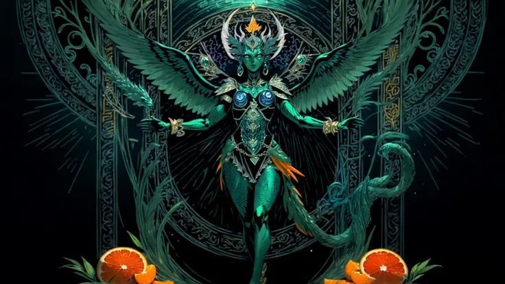 line art drawing, harpie, mythical creature, tarot card, Mint green Citrus Orange fur, masterpiece, the greatest details, 8k, UHD, HDR, <lora:Dark_Tarot:0.8>, flat, symmetric