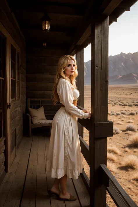 Western Frontier Elegance, a cinematic photo of a stunning blonde woman, dressed in authentic 19th-century Western settler attire. She stands on the weathered porch of her isolated house, surrounded by the vast expanse of the rugged Western landscape. Important features include period-specific clothing, a rustic porch with wooden beams, and a vast, untamed backdrop. The woman exudes an air of frontier elegance, capturing the essence of a bygone era. The framing emphasizes the contrast between the solitude of her dwelling and the expansive, wild surroundings. Natural lighting enhances the authenticity, casting warm hues on the vintage clothing and the worn wooden elements. The camera angle captures both the details of her outfit and the sweeping landscape. Shot in the cinematic style of Steve McCurry, revealing 19th settler clothing, (upskirt:1.1), perfect body, small breasts, round butt, nsfw, <lora:nsfw-xl-2.1:1>, art by Steve McCurry