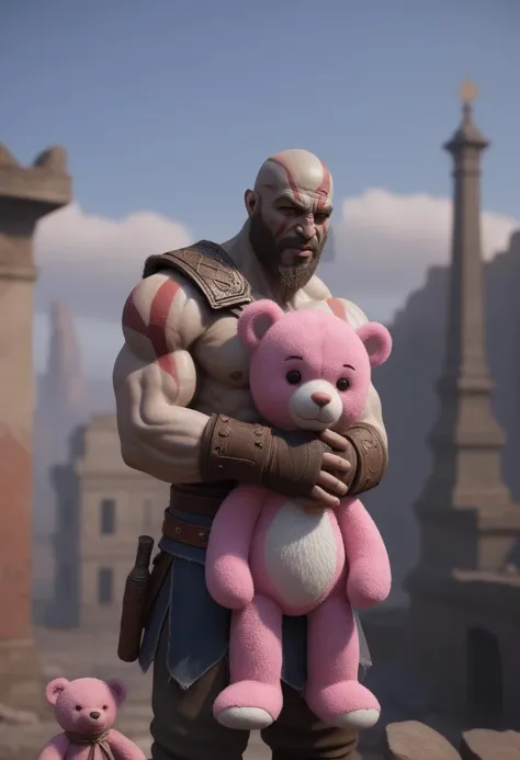 nsfw,add-detail,god of war,standing,hugging a pink teddy bear,against the backdrop of the (ruined city:1.1),
unreal engine,
style of Artgerm,
finely detail,ultra-detailed,highres,<lora:add-detail-xl:2>,<lora:openjourneyLora:0.5>,<lora:JuggerCineXL2:0.6>,<lora:nsfw-xl-2.1:0.5>,