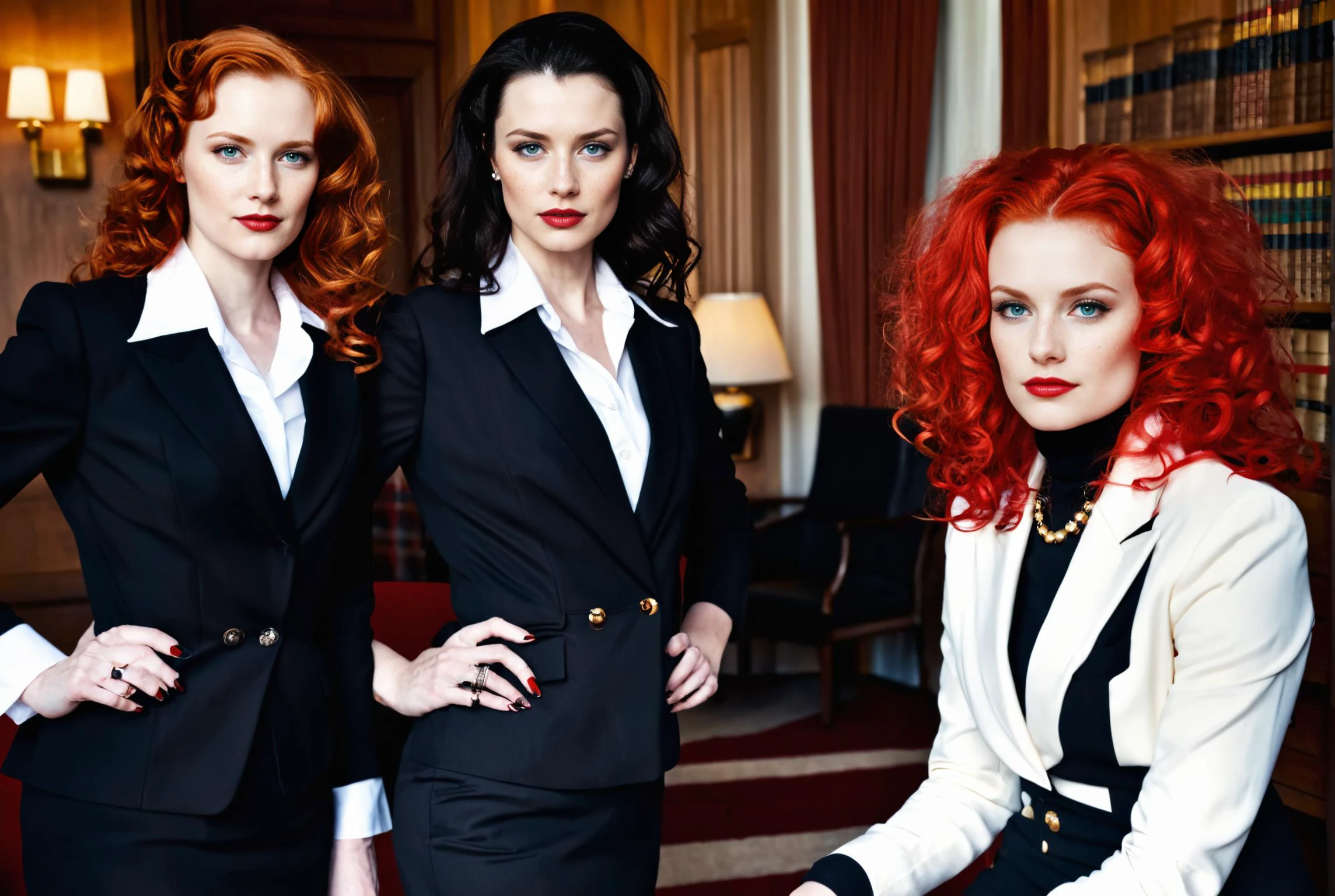 Stile art: Helmut Newton, In a tastefully furnished executive office, three different stunning ginger mature women, dangerous-erotic, (discuss with each other:1.5), curly hair, each exuding an aura of confidence and authority, Their ages, around 50 years old, only enhance their allure as they embody the epitome of power and sophistication. Dressed in sleek, form-fitting business attire with subtle hints of sensuality exposing-see-through-fabric, they command attention effortlessly.
The room is bathed in soft, diffused light, casting gentle shadows that accentuate the curves of their figures and the delicate features of their faces. The wind, symbolic of their commanding presence, gently tousles their hair, adding a dynamic element to the scene.
Despite their formidable presence, there's an undeniable allure in their demeanor, hinting at a complexity that goes beyond mere authority. Their expressions convey a subtle mix of confidence, determination, and a hint of mischief, hinting at the depth of their characters.
In the background, the opulent surroundings of the executive office serve as a testament to their success and status. However, it's the unwavering gaze of the women that truly commands attention, as they expect nothing less than absolute obedience from those in their presence.
The scene is a celebration of feminine power and the undeniable influence these women wield in a traditionally male-dominated world. It's a reminder that strength comes in many forms, and in this case, it's as elegant as it is formidable. (NSFW) <lora:nsfw-xl-2.1:0.8> <lora:add-detail-xl:0.5>