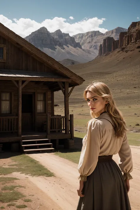 Western Frontier Elegance, a cinematic photo of a stunning blonde woman, dressed in authentic 19th-century Western settler attire. She stands on the weathered porch of her isolated house, surrounded by the vast expanse of the rugged Western landscape. Important features include period-specific clothing, a rustic porch with wooden beams, and a vast, untamed backdrop. The woman exudes an air of frontier elegance, capturing the essence of a bygone era. The framing emphasizes the contrast between the solitude of her dwelling and the expansive, wild surroundings. Natural lighting enhances the authenticity, casting warm hues on the vintage clothing and the worn wooden elements. The camera angle captures both the details of her outfit and the sweeping landscape. Shot in the cinematic style of Steve McCurry, revealing 19th settler clothing, (upskirt:1.1), perfect body, small breasts, round butt, nsfw, <lora:nsfw-xl-2.1:1>, art by Steve McCurry