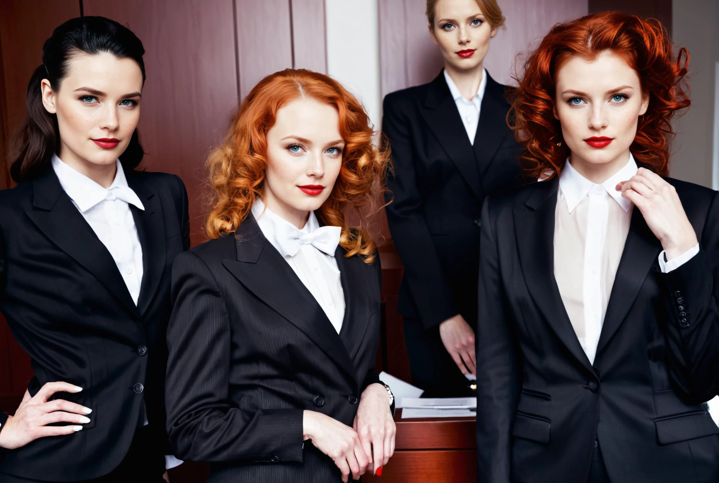 Stile art: Helmut Newton, In a tastefully furnished executive office, three different stunning ginger mature women, dangerous-erotic, (discuss with each other:1.5), curly hair, each exuding an aura of confidence and authority, Their ages, around 50 years old, only enhance their allure as they embody the epitome of power and sophistication. Dressed in sleek, form-fitting business attire with subtle hints of sensuality exposing-see-through-fabric, they command attention effortlessly.
The room is bathed in soft, diffused light, casting gentle shadows that accentuate the curves of their figures and the delicate features of their faces. The wind, symbolic of their commanding presence, gently tousles their hair, adding a dynamic element to the scene.
Despite their formidable presence, there's an undeniable allure in their demeanor, hinting at a complexity that goes beyond mere authority. Their expressions convey a subtle mix of confidence, determination, and a hint of mischief, hinting at the depth of their characters.
In the background, the opulent surroundings of the executive office serve as a testament to their success and status. However, it's the unwavering gaze of the women that truly commands attention, as they expect nothing less than absolute obedience from those in their presence.
The scene is a celebration of feminine power and the undeniable influence these women wield in a traditionally male-dominated world. It's a reminder that strength comes in many forms, and in this case, it's as elegant as it is formidable. (NSFW) <lora:nsfw-xl-2.1:0.8> <lora:add-detail-xl:0.5>