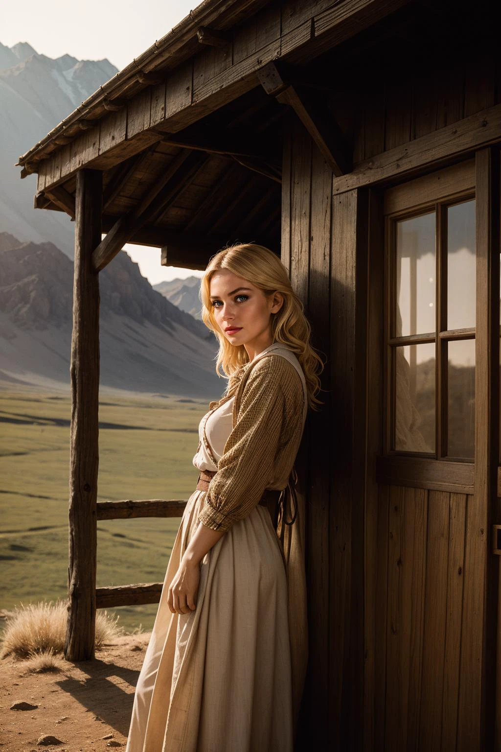 Western Frontier Elegance, a cinematic photo of a stunning blonde woman, dressed in authentic 19th-century Western settler attire. She stands on the weathered porch of her isolated house, surrounded by the vast expanse of the rugged Western landscape. Important features include period-specific clothing, a rustic porch with wooden beams, and a vast, untamed backdrop. The woman exudes an air of frontier elegance, capturing the essence of a bygone era. The framing emphasizes the contrast between the solitude of her dwelling and the expansive, wild surroundings. Natural lighting enhances the authenticity, casting warm hues on the vintage clothing and the worn wooden elements. The camera angle captures both the details of her outfit and the sweeping landscape. Shot in the cinematic style of Steve McCurry, revealing 19th settler clothing, (upskirt:1.1), perfect body, small breasts, round butt, nsfw, <lora:nsfw-xl-2.1:1>, art by Steve McCurry