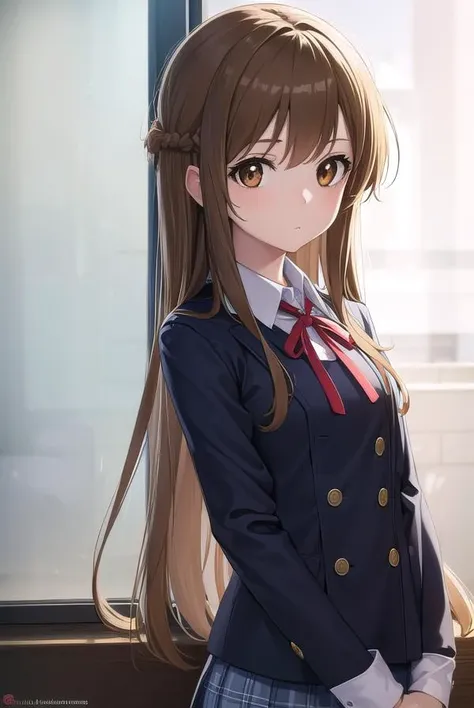 asunayuuki, <lyco:asunayuuki-lyco-nochekaiser:1>,
asuna yuuki, long hair, brown hair, (brown eyes:1.8), (small breast:1.2),
BREAK skirt, shirt, long sleeves, ribbon, school uniform, jacket, white shirt, red ribbon, black jacket, neck ribbon,
BREAK indoors, classroom,
BREAK looking at viewer, (cowboy shot:1.5),
BREAK <lyco:GoodHands-beta2:1>, (masterpiece:1.2), best quality, high resolution, unity 8k wallpaper, (illustration:0.8), (beautiful detailed eyes:1.6), extremely detailed face, perfect lighting, extremely detailed CG, (perfect hands, perfect anatomy),
