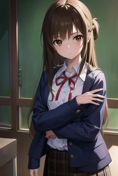 asunayuuki, <lyco:asunayuuki-lyco-nochekaiser:1>,
asuna yuuki, long hair, brown hair, (brown eyes:1.8), (small breast:1.2),
BREAK skirt, shirt, long sleeves, ribbon, school uniform, jacket, white shirt, red ribbon, black jacket, neck ribbon,
BREAK indoors, classroom,
BREAK looking at viewer, (cowboy shot:1.5),
BREAK <lyco:GoodHands-beta2:1>, (masterpiece:1.2), best quality, high resolution, unity 8k wallpaper, (illustration:0.8), (beautiful detailed eyes:1.6), extremely detailed face, perfect lighting, extremely detailed CG, (perfect hands, perfect anatomy),