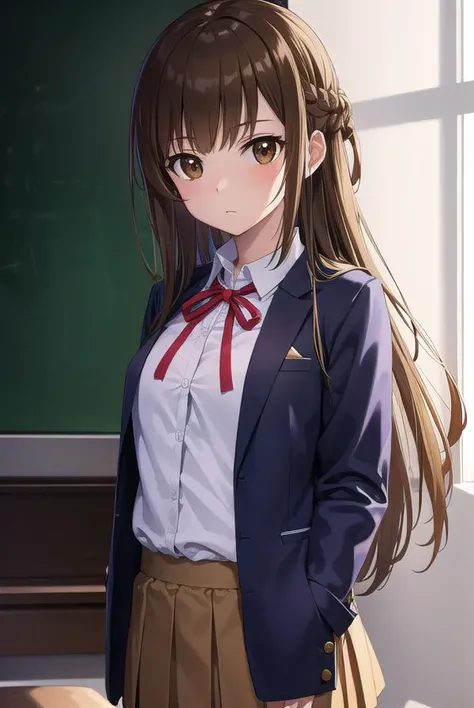 asunayuuki, <lyco:asunayuuki-lyco-nochekaiser:1>,
asuna yuuki, long hair, brown hair, (brown eyes:1.8), (small breast:1.2),
BREAK skirt, shirt, long sleeves, ribbon, school uniform, jacket, white shirt, red ribbon, black jacket, neck ribbon,
BREAK indoors, classroom,
BREAK looking at viewer, (cowboy shot:1.5),
BREAK <lyco:GoodHands-beta2:1>, (masterpiece:1.2), best quality, high resolution, unity 8k wallpaper, (illustration:0.8), (beautiful detailed eyes:1.6), extremely detailed face, perfect lighting, extremely detailed CG, (perfect hands, perfect anatomy),