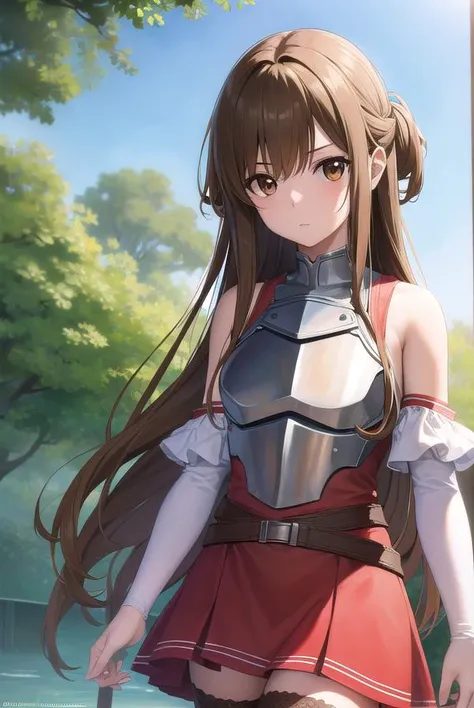asunayuuki, <lyco:asunayuuki-lyco-nochekaiser:1>, 
asuna yuuki, long hair, brown hair, (brown eyes:1.8), (small breast:1.2),
BREAK skirt, thighhighs, bare shoulders, detached sleeves, armor, white thighhighs, (breastplate:1.2), red skirt,
BREAK outdoors, nature, forest, sky, sun,
BREAK looking at viewer, (cowboy shot:1.5),
BREAK <lyco:GoodHands-beta2:1>, (masterpiece:1.2), best quality, high resolution, unity 8k wallpaper, (illustration:0.8), (beautiful detailed eyes:1.6), extremely detailed face, perfect lighting, extremely detailed CG, (perfect hands, perfect anatomy),