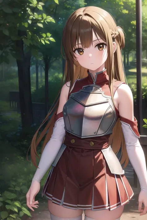 asunayuuki, <lyco:asunayuuki-lyco-nochekaiser:1>,
asuna yuuki, long hair, brown hair, (brown eyes:1.8), (small breast:1.2),
BREAK skirt, thighhighs, bare shoulders, detached sleeves, armor, white thighhighs, (breastplate:1.2), red skirt,
BREAK outdoors, nature, forest, sky, sun,
BREAK looking at viewer, (cowboy shot:1.5),
BREAK <lyco:GoodHands-beta2:1>, (masterpiece:1.2), best quality, high resolution, unity 8k wallpaper, (illustration:0.8), (beautiful detailed eyes:1.6), extremely detailed face, perfect lighting, extremely detailed CG, (perfect hands, perfect anatomy),