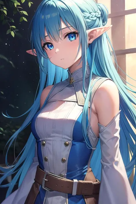 , (masterpiece),(Highest quality), (Detailed),One Woman,has black horns,(Light blue hair color),Long Hair:1.2,(Emerald green eyes),Medium chest:1.2,Light blue costume:1.2,mini skirt:1.2,Elf Ears:1.2,(smile),
