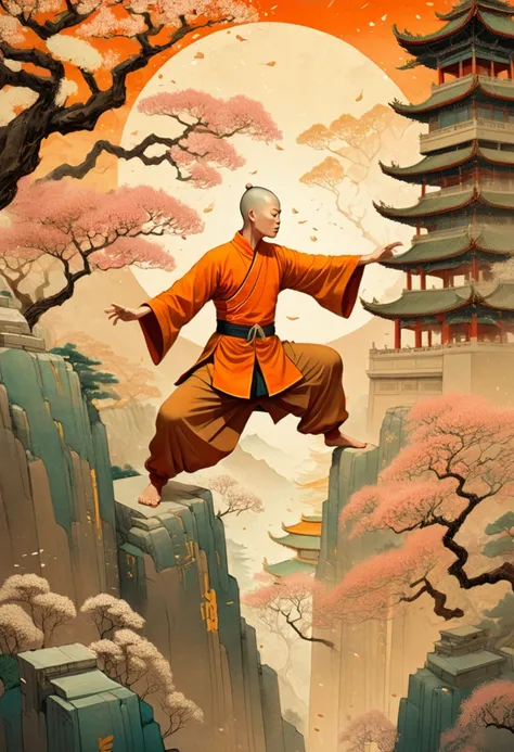 Victo Ngai Style, shaolin monk practicing kung-fu in ancient mountain temple, wearing traditional silk tunic, flowering trees, sunset warm tones, high resolution