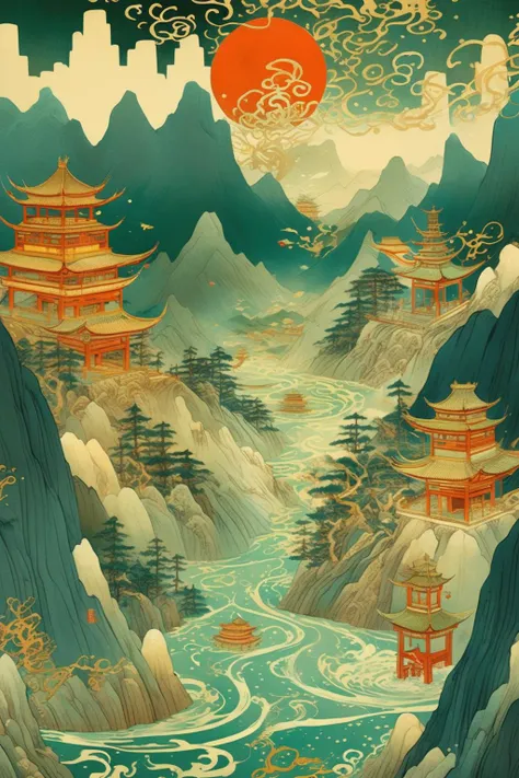 <lora:Victo Ngai Style:1>Victo Ngai Style - imagine illustrated by Guochao by Victo Ngai.The mountains of China are unbroken and the rivers meanderIn the distance the sky is blue, in the near distance dense forests and lush green meadows.The rivers alisten in the sunlight. On the mountainsidesancient villages and temples stand firmly on the landClouds float lightly between the mountains.Asthe sun sets,the colour of the mountain tops and clouds fades to gold and orange