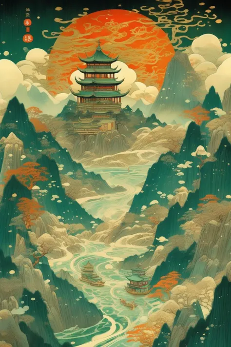 <lora:Victo Ngai Style:1>Victo Ngai Style - illustrated by Guochao,by Victo Ngai,The mountains of China are unbroken and the river meander,in the distance,the sky is blue,in the near distance forests and lush green meadows,the rivers glisten in the sunlight,on the mountainsides,ancient villages and temples stand firmly on the land,as the sun sets,the color of the mountain tops and clouds fades to gold and orange