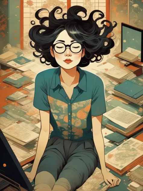 Victo Ngai Style full body photo of a lewd lady wearing glasses, with messy hair, nose blush, half-closed eyes, open mouth, lying on her desk, face up, back down, spread her legs, front view, solo <lora:Victo Ngai Style:1>