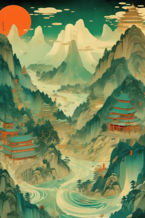 <lora:Victo Ngai Style:1>Victo Ngai Style - illustrated by Guochao, by Victo Ngai.The mountains of China are unbroken and the rivers meander. In the distance the sky is blue, in the near distance dense forests and lush green meadows. The rivers glisten in the sunlight. On the mountainsides, ancient villages and temples stand firmly on the land. Clouds float lightly between the mountains.As the sun sets, the colour of the mountain tops and clouds fades to gold and orange.ar 3:4v5