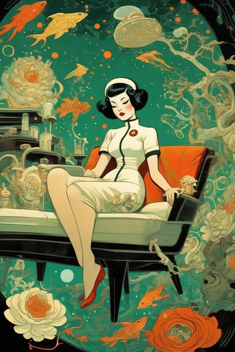<lora:Victo Ngai Style:1>Victo Ngai Style - beautiful woman lounging, vivid colors, highly contrasting colors, emerald city, cartoon beauty, tiny intricate cities, collage style art, full body action pose, dismal, weirdcore, intricately detailed engineering and chaos, cartoonish, black and white, 1950's sci-fi horror , {sea creatures, tigers, space nurse, space nun} photo realistic, classy lady, space nurse, man eating flowers with teeth, sharp focus, cartoonish, style of an illustrated childrens book from the early 1900's, scenes of hell decorated with lovely flower arrangements,