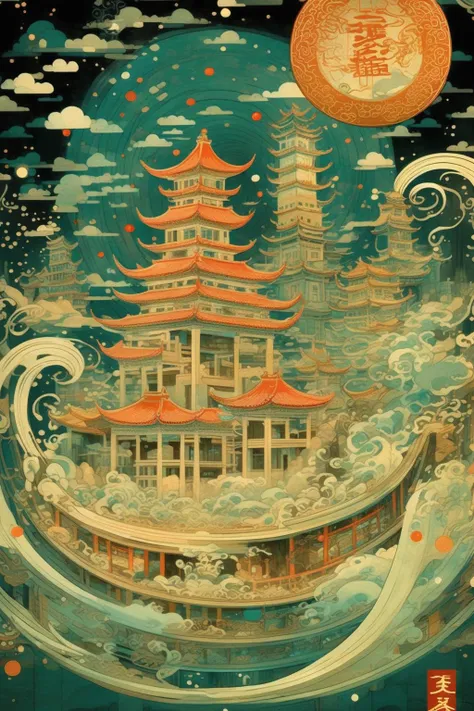 <lora:Victo Ngai Style:1>Victo Ngai Style - Modern man travels back to antiquity,illustrated by Guochao, by Victo Ngai., inside of which lies an ancient-style architectural marvela quaint town reminiscent of the past. It represents a collision between modernity and antiquity, with intricately adorned details