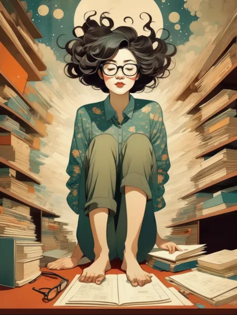 Victo Ngai Style full body photo of a lewd lady wearing glasses, with messy hair, nose blush, half-closed eyes, open mouth, lying on her desk, face up, back down, spread her legs, front view, solo <lora:Victo Ngai Style:1>